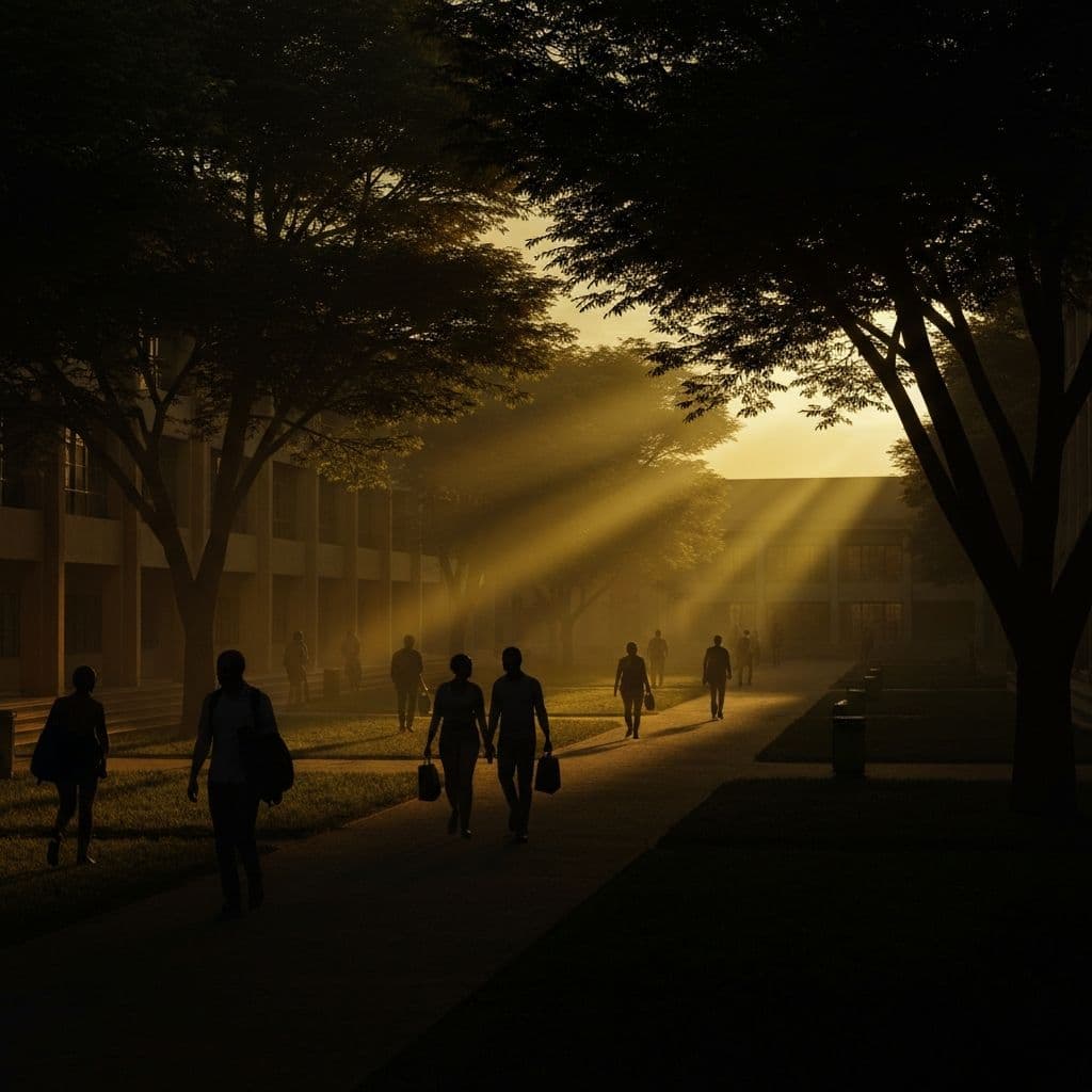 Evening on campus — students leaving after collecting their weekly food packs